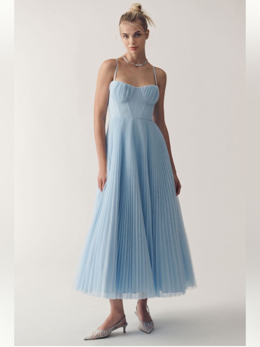 Hutch Amara Tulle Light Blue Pleated Midi Dress with Spaghetti Straps
